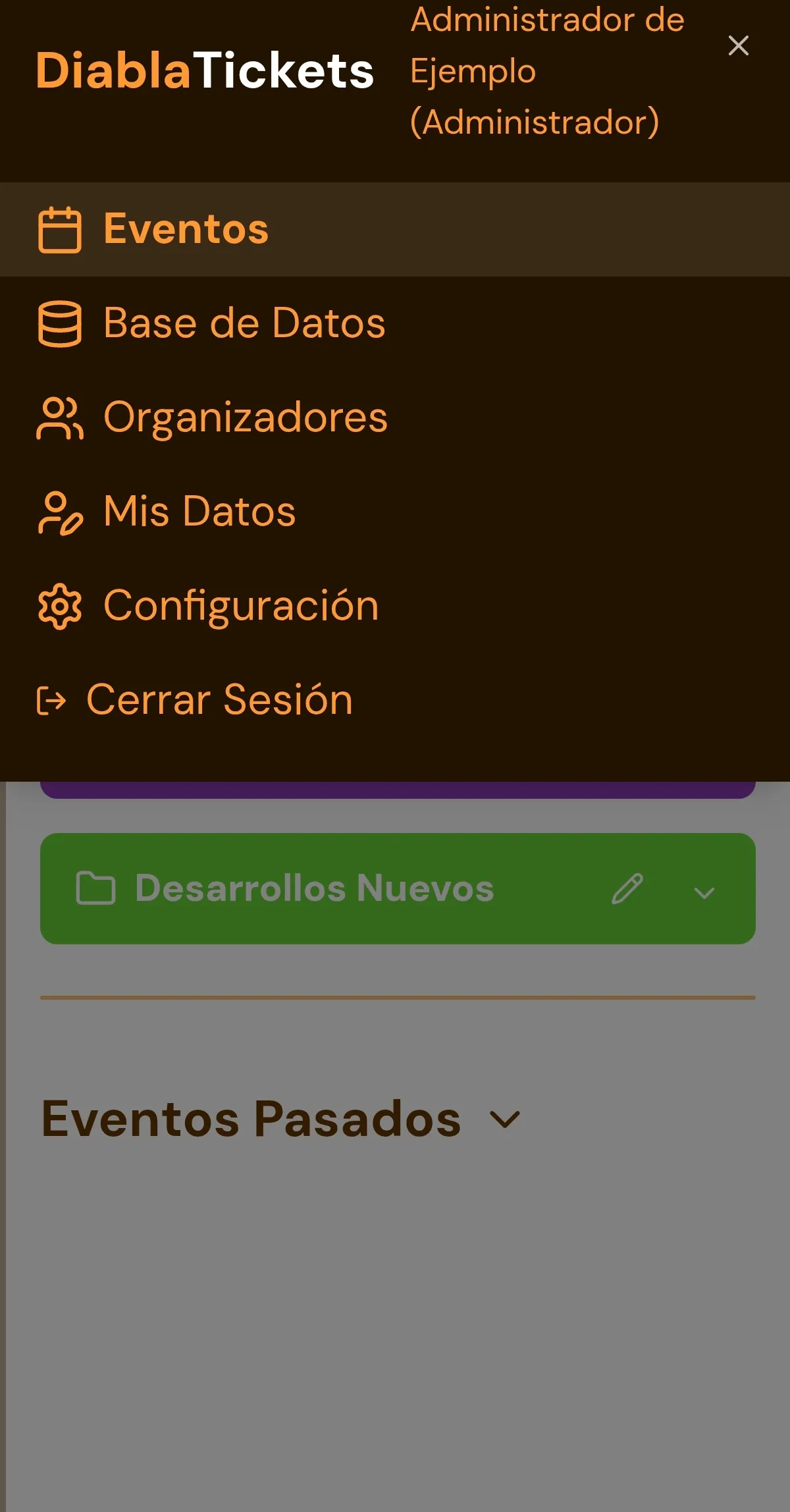 Menú de la ticketera con todos los eventos desplegados