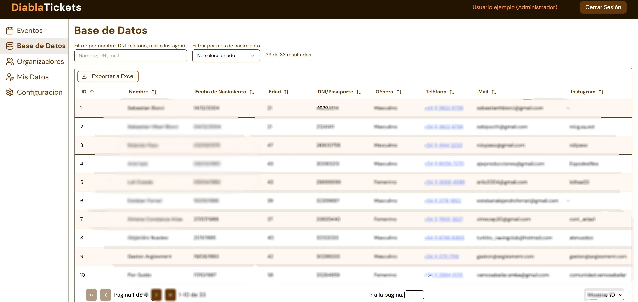 Base de datos de asistentes con filtros y exportación