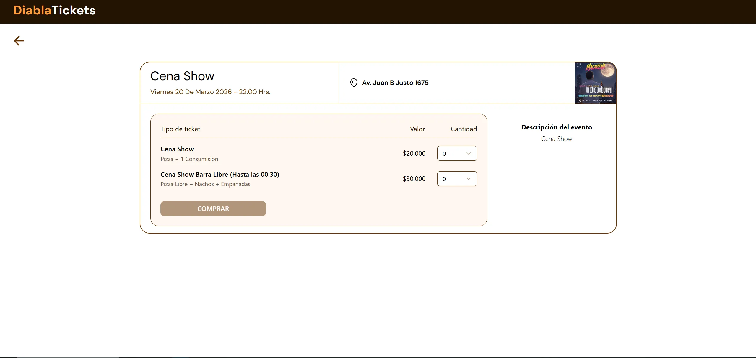 Página de compra de tickets para un evento