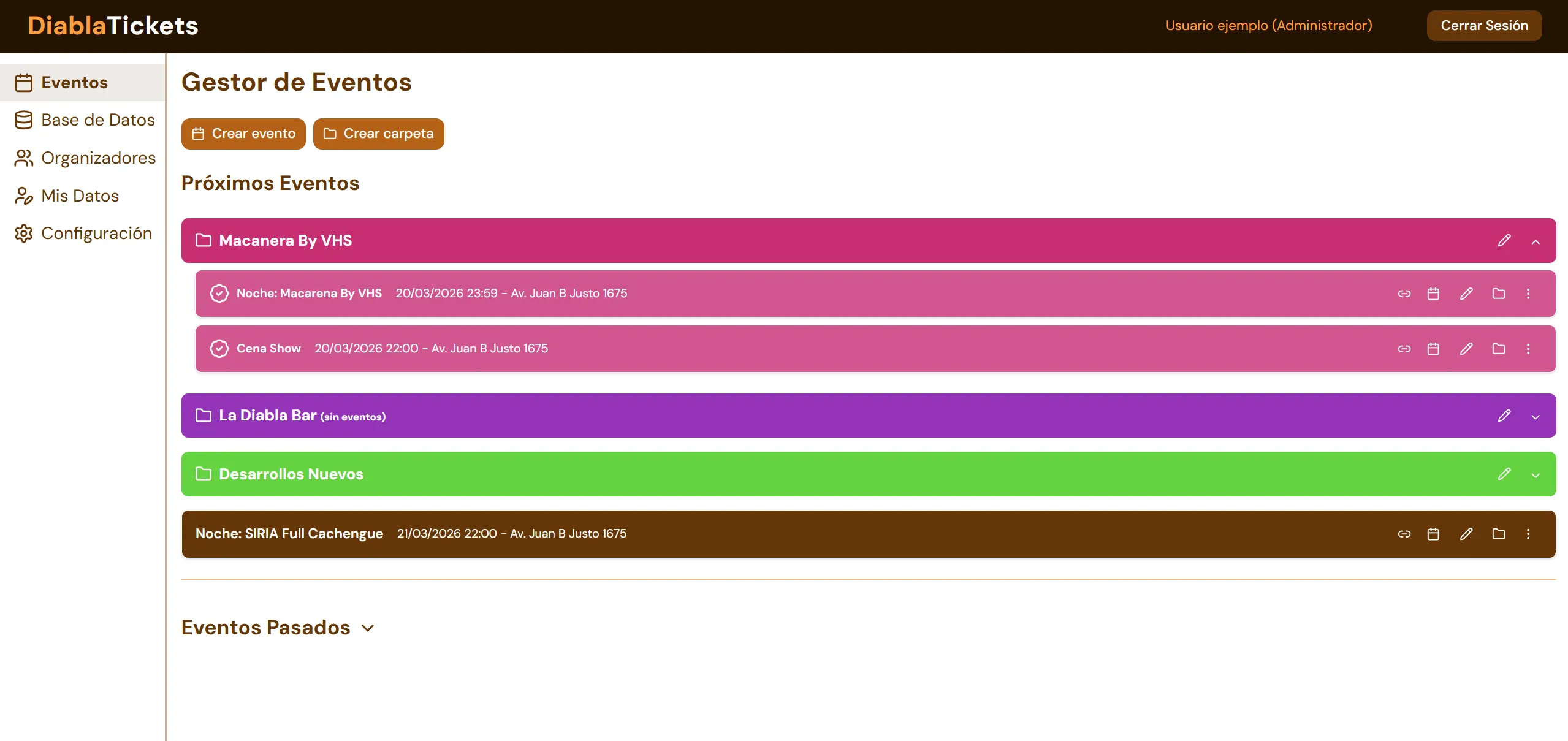 Panel de gestión de eventos de TuTicketera
